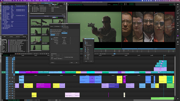 A complex digital video editing software interface with multiple video tracks, timelines, and preview windows.