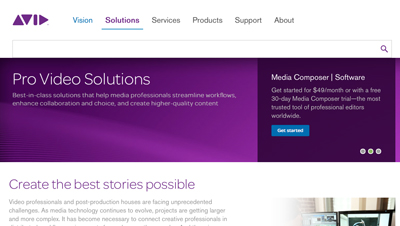 Avid website showing Pro Video Solutions banner and navigation menu.