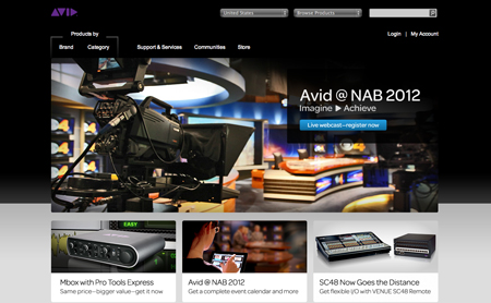 Avid website interface showing a large banner for NAB 2012 and product thumbnails below.