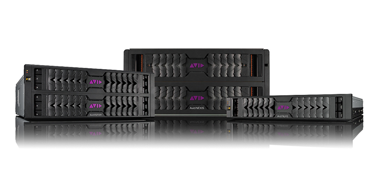 Three black Avid NEXIS server units of varying sizes arranged on a reflective surface.