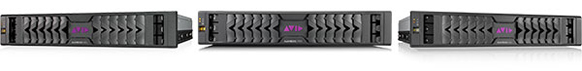Three black Avid rack-mounted server units arranged in a row against a white background.