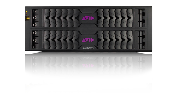 Front view of a black Avid NEXIS storage server unit with purple logos and drive bays.