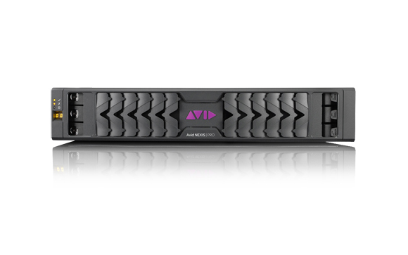Front view of a black Avid NEXIS | PRO rack-mounted storage server on a reflective white surface.