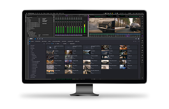 A computer monitor showing a dark-themed video and audio editing software interface with timelines and media files.