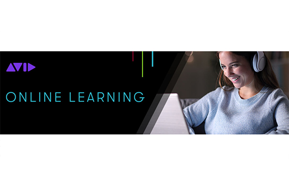 A smiling woman wearing headphones looks at a laptop screen next to the Avid Online Learning logo.