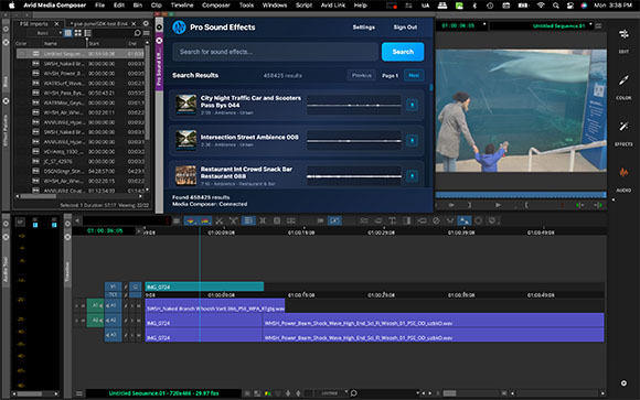 A video editing software interface with a timeline, media bin, and a video preview window.