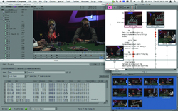 Video editing software interface showing a main video preview, multiple timelines, and a clip library.