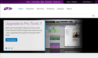 Avid website showing a banner for upgrading to Pro Tools 11 with details on pricing and support.