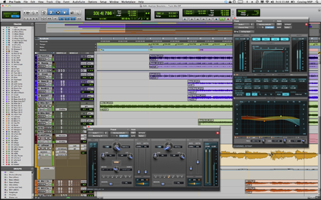 A digital audio workstation software interface showing multiple audio tracks and various plugin control windows.