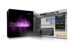 A black Pro Tools 10 software box next to a digital audio workstation interface on a white background.