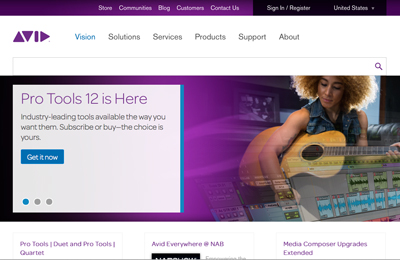 Avid website banner promoting Pro Tools 12 with a woman playing an acoustic guitar.
