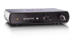 A black HD Native audio interface with a power light, headphone jack, and volume knob.