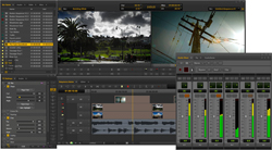 A complex video editing software interface showing video timelines, audio mixers, and preview windows.