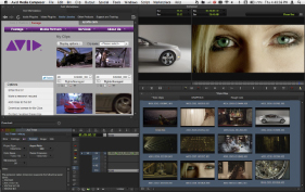 A video editing software interface displaying various video clips, timelines, and file management windows.