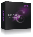 A black software box with the words Media Composer and purple abstract swirls.