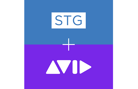 A blue rectangle with STG text above a purple rectangle with the Avid logo, separated by a white plus sign.