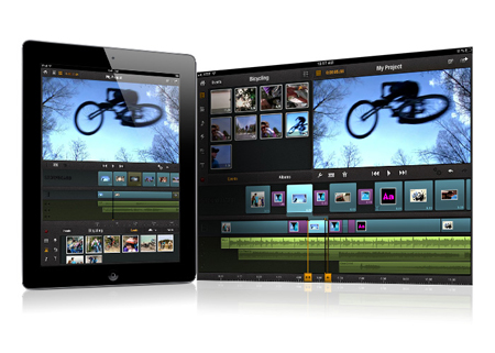 Two tablets side-by-side showing a video editing interface with a bicyclist on screen.