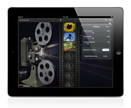 An iPad showing a video editing interface with a film projector and media settings.