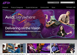 Purple banner for Avid Everywhere featuring diverse media professionals working with technology.