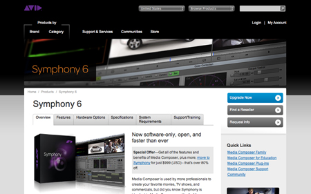 Avid website displaying the Symphony 6 product page with software features and upgrade options.