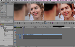 Interface of Avid Media Composer showing a video timeline and two side-by-side preview frames of a woman smiling.