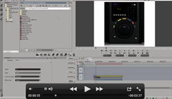Video editing software interface with a timeline, media browser, and a preview of a black control device.