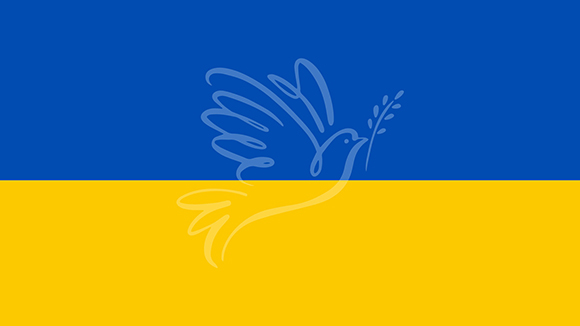 Blue and yellow horizontal bicolor with a light blue outline of a flying dove carrying an olive branch.