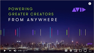 Text reads 'Powering Greater Creators From Anywhere' over a night skyline with colorful vertical lines.