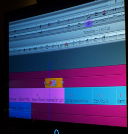 Video editing timeline with multiple tracks and clips, showing text labels like 'Whole Bread Underwater Cam' and 'Bob Kruk'.