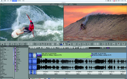 Video editing software displaying two clips of surfers on waves above a multi-track timeline.
