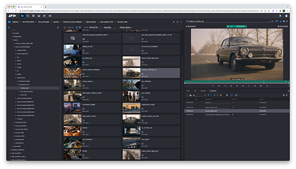 A video editing software interface showing a media bin, preview window, and timeline with various video clips.