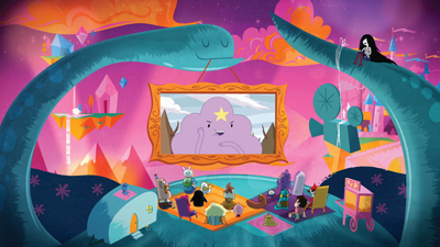 A large blue serpent holds a framed picture of a cloud character over a group of small figures in a colorful landscape.