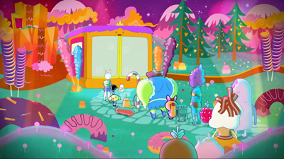 Animated characters stand in a colorful landscape filled with candy-shaped trees and buildings.