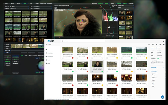 Axle media management software interface displaying a grid of video thumbnails and a large video preview window.