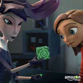 An animated woman with purple hair holds a glowing green cube while another woman watches intently.