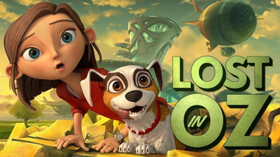 Animated girl with wide eyes and a small brown and white dog looking forward against a futuristic landscape.