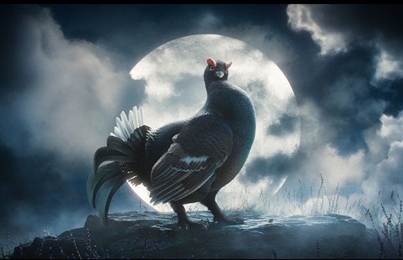 A large black bird with white tail feathers stands on a rock in front of a massive, glowing full moon.