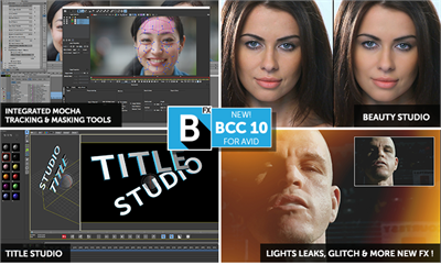 Collage of video editing software features including tracking tools, beauty retouching, title design, and light leaks.