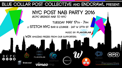 Event flyer for NYC Post NAB Party 2016 at Stitch NYC Bar & Lounge on May 17th.