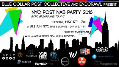 Event flyer for NYC Post NAB Party 2016 at Stitch NYC Bar & Lounge on May 17th.