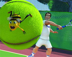 A cartoon bee clings to a large green tennis ball as a man in white tennis attire swings a racket.