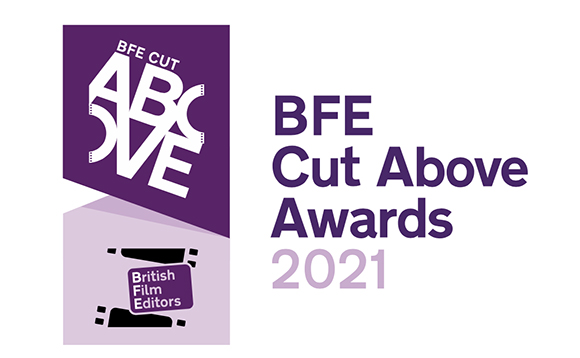 Purple and white logo for the BFE Cut Above Awards 2021 featuring film strip motifs.