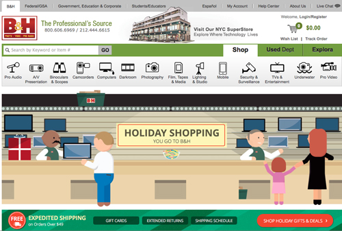 B&H website interface featuring a cartoon illustration of people shopping at a counter for holiday gifts.