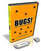 A yellow box with spider patterns and the word 'BUGS!' next to a small white electronic device.