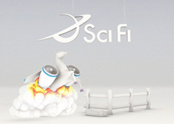 A white 3D model of a horse with rocket engines flying over a small fence under the text Sci Fi.