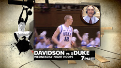Graphic for Davidson vs. Duke basketball game featuring a player in a blue jersey and a commentator.