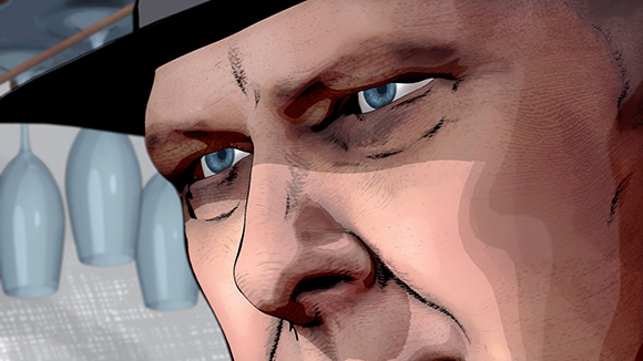 Extreme close-up of a man's blue eyes and furrowed brow under a dark brim.