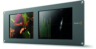 A black rack-mounted device featuring two side-by-side digital screens displaying video and audio data.
