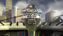 A large spherical logo for Smash Super Bowl Bash set against a city skyline and stadium background.