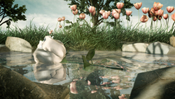 A white rose floats in a small puddle amidst green grass and pink tulips under a cloudy sky.